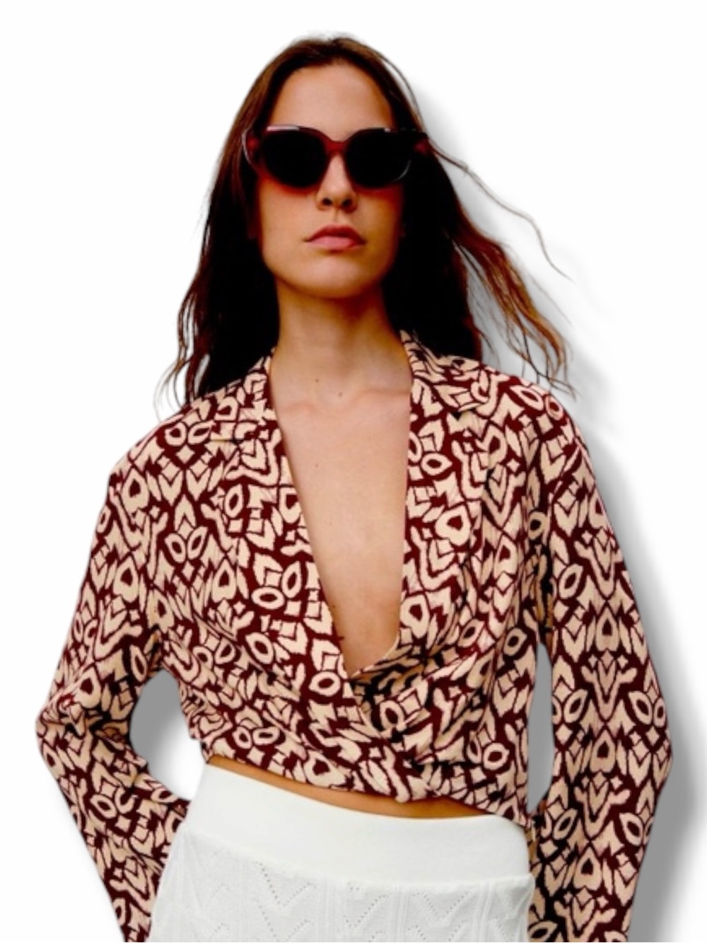 ZARA Wrap Twist Front Long Sleeve Linen Blend Blouse